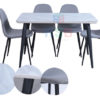 โต๊ะทานอาหาร โครงขาเหล็ก ท็อปกระจกด้านลายหิน+เก้าอี้ทานอาหาร ขาเหล็กดำ เบาะผ้า 4 ตัว รหัส 3495